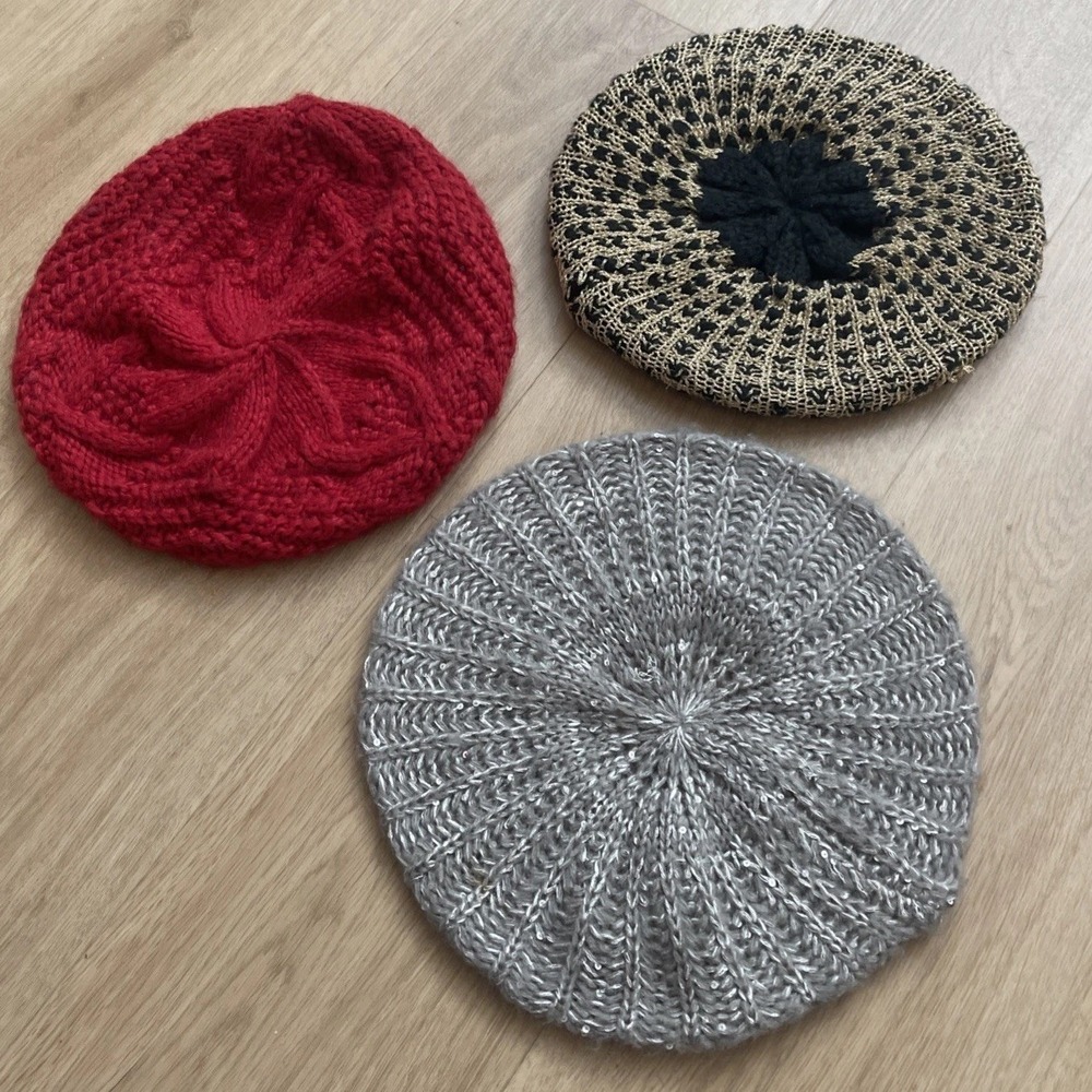Vintage Lot of 3 Wool Knit Berets Red, Black/Gold, Gray